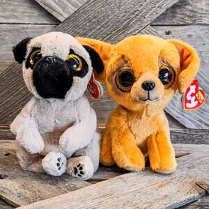 NWT-Pair of 2022 Dog TY Beanie Boos, Izzy the Pug Dog & Zuzu the Tan Dog, 6"